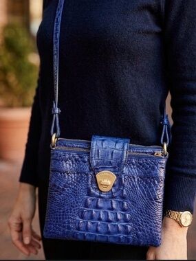 Brahmin Blue Croc Embossed Leather Organizer Crossbody Bag